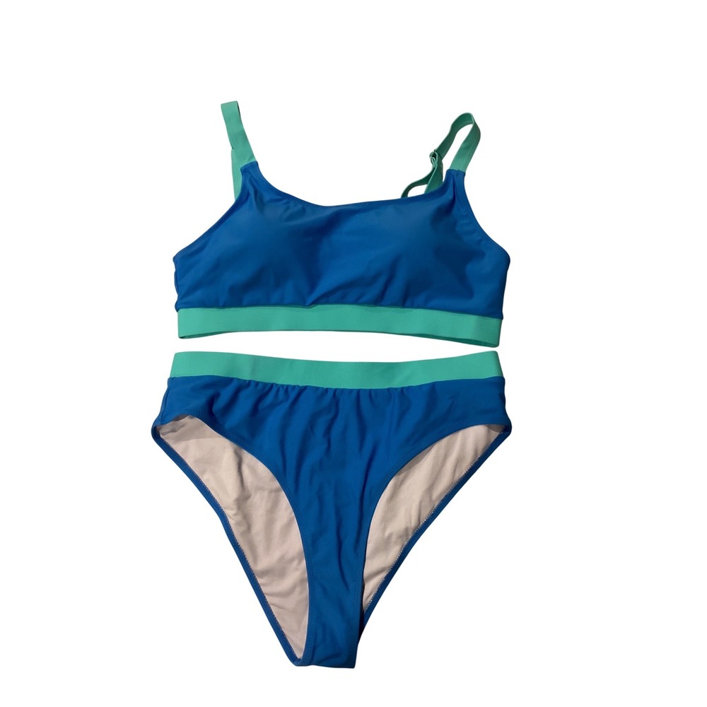 Blue‎ Teal Colorblock High Waisted Bikini Set Two Piece Swimsuit XL
